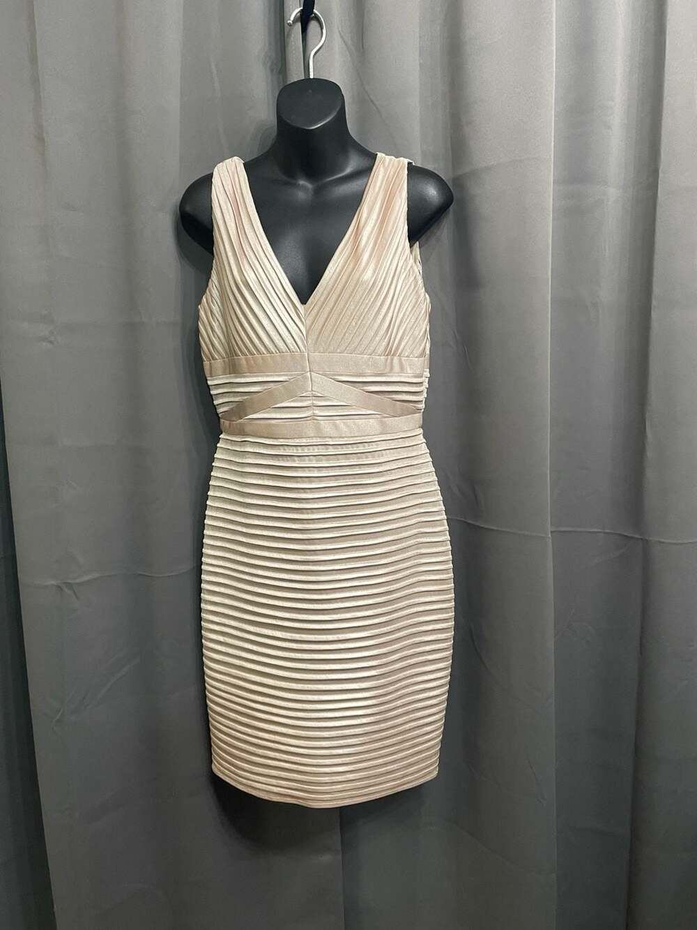 Calvin Klein Pleated V-Neck Banded Sheath Dress Champagne Tan
